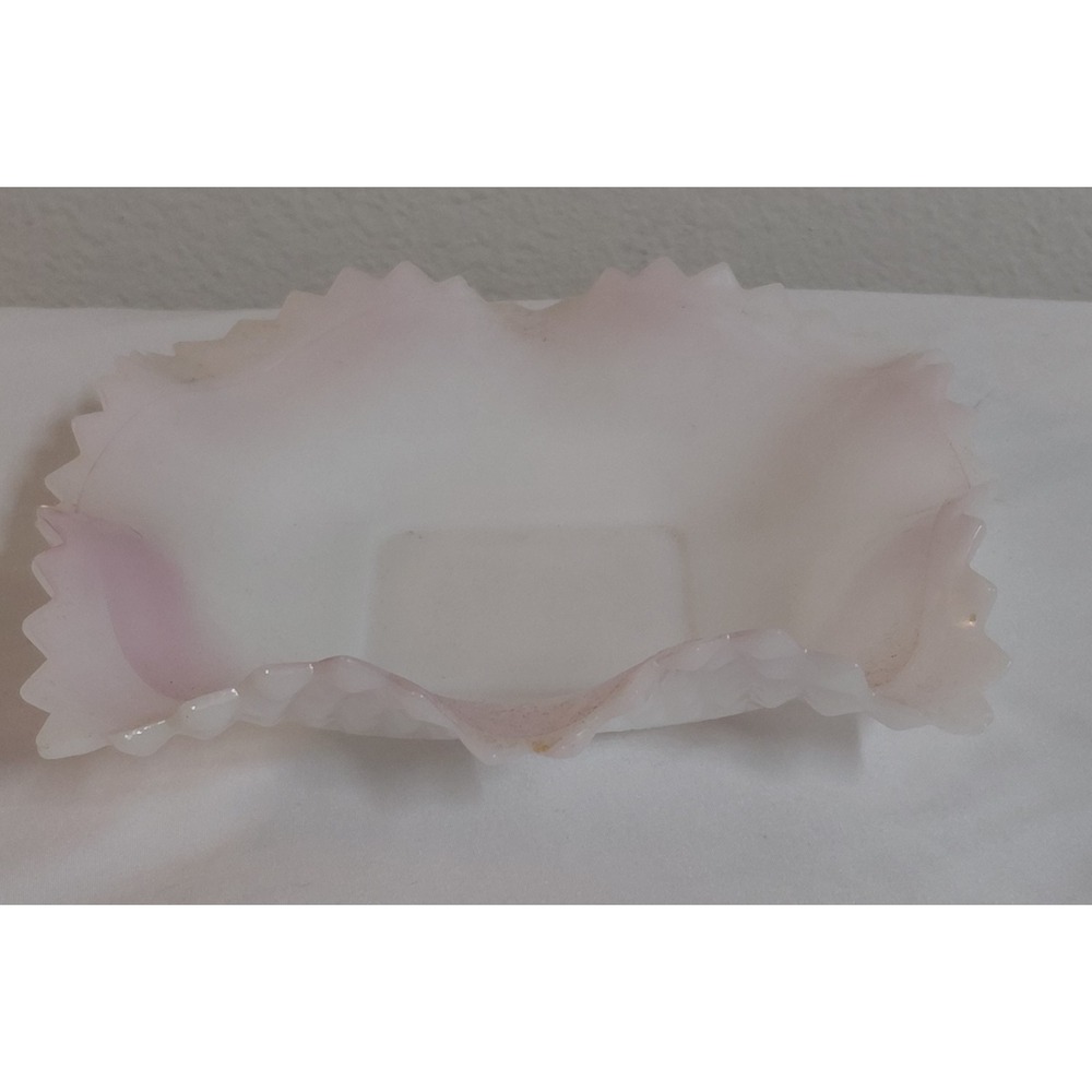 Vintage Indiana Glass Pink Opalescent White Milk Glass Diamond Point Square Bowl